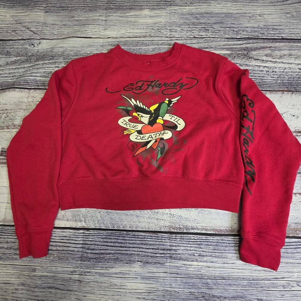 Ed Hardy Women's Y2K Tattoo Crop Top Sweatshirt Till True Death Red Size Large